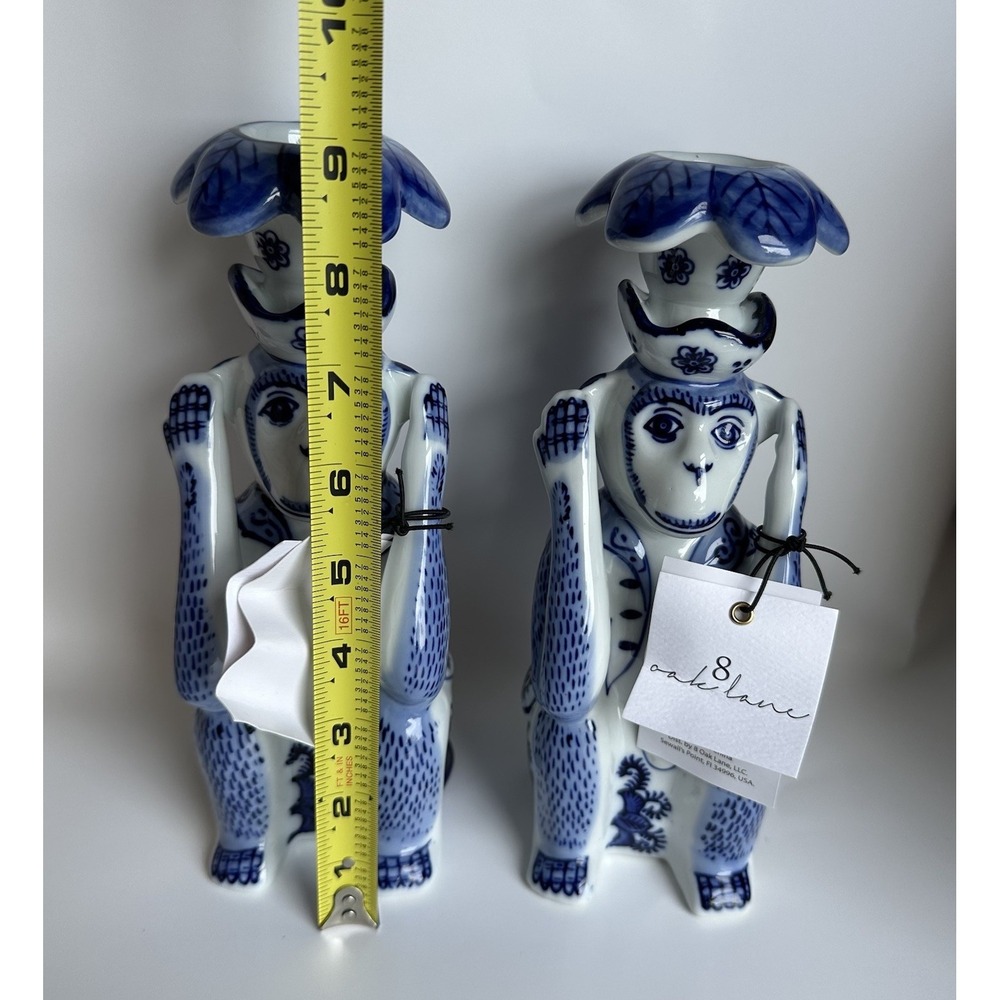 NWT 8 Oak Lane Blue White Porcelain Chinoiserie Monkey Candlestick Set 9 Inch - Picture 10 of 12